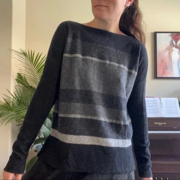 New Vince cashmere wool striped boatneck boxy relaxed fit minimalist sweater - Picture 5 of 15